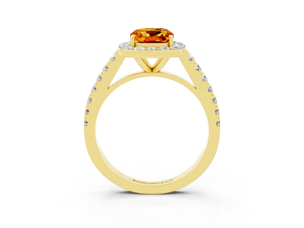 Yellow gold Cushion Cut Citrine Halo Ring with Round Pavé Split Shank and Prong Setting