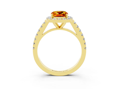 Yellow gold Cushion Cut Halo Diamond Ring with Pavé Band and Three-Prong Setting_3