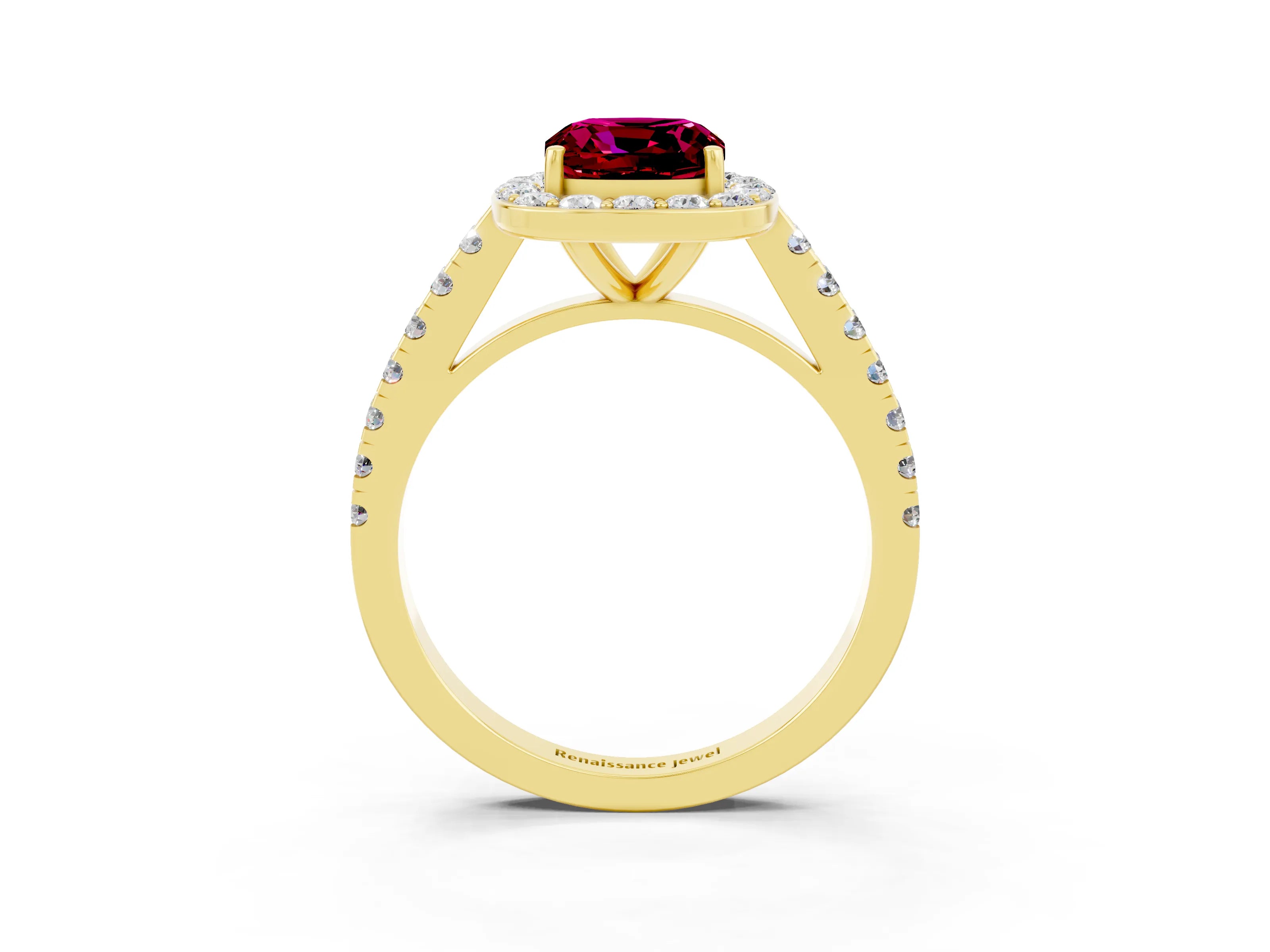 Yellow gold Cushion Cut Halo Diamond Ring with Pavé Band and Three-Prong Setting_3