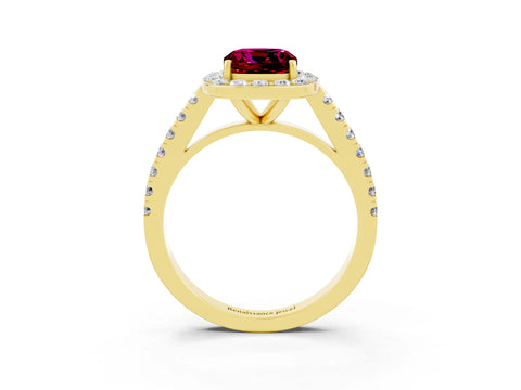 Yellow gold Cushion Cut Halo Diamond Ring with Pavé Band and Three-Prong Setting_3