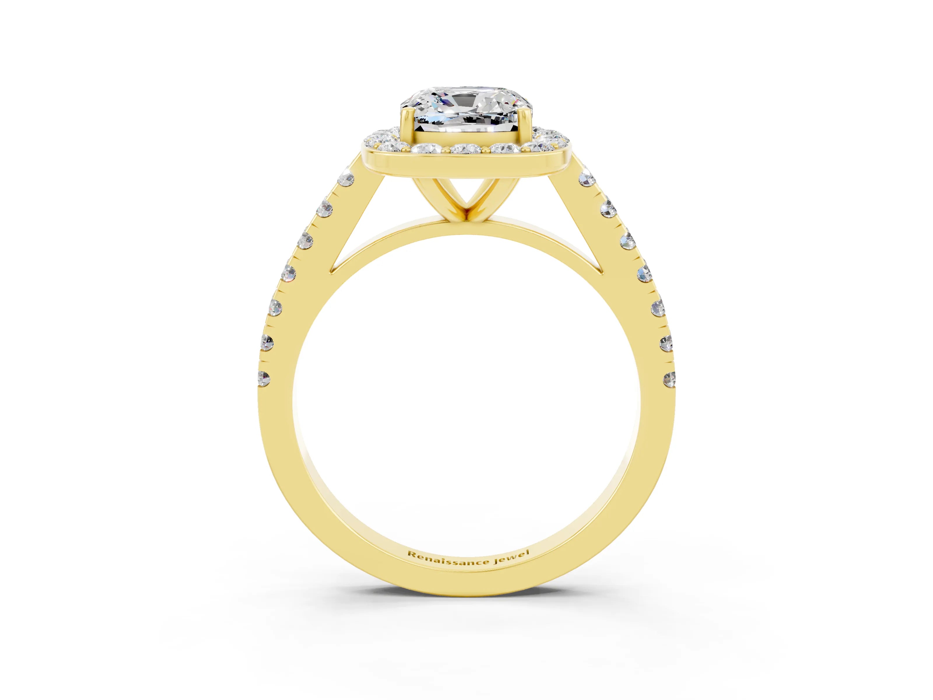 Yellow gold Cushion Cut Halo Diamond Ring with Pavé Band and Three-Prong Setting_3