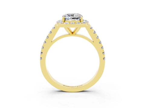 Yellow gold Cushion Cut Halo Diamond Ring with Pavé Band and Three-Prong Setting_3