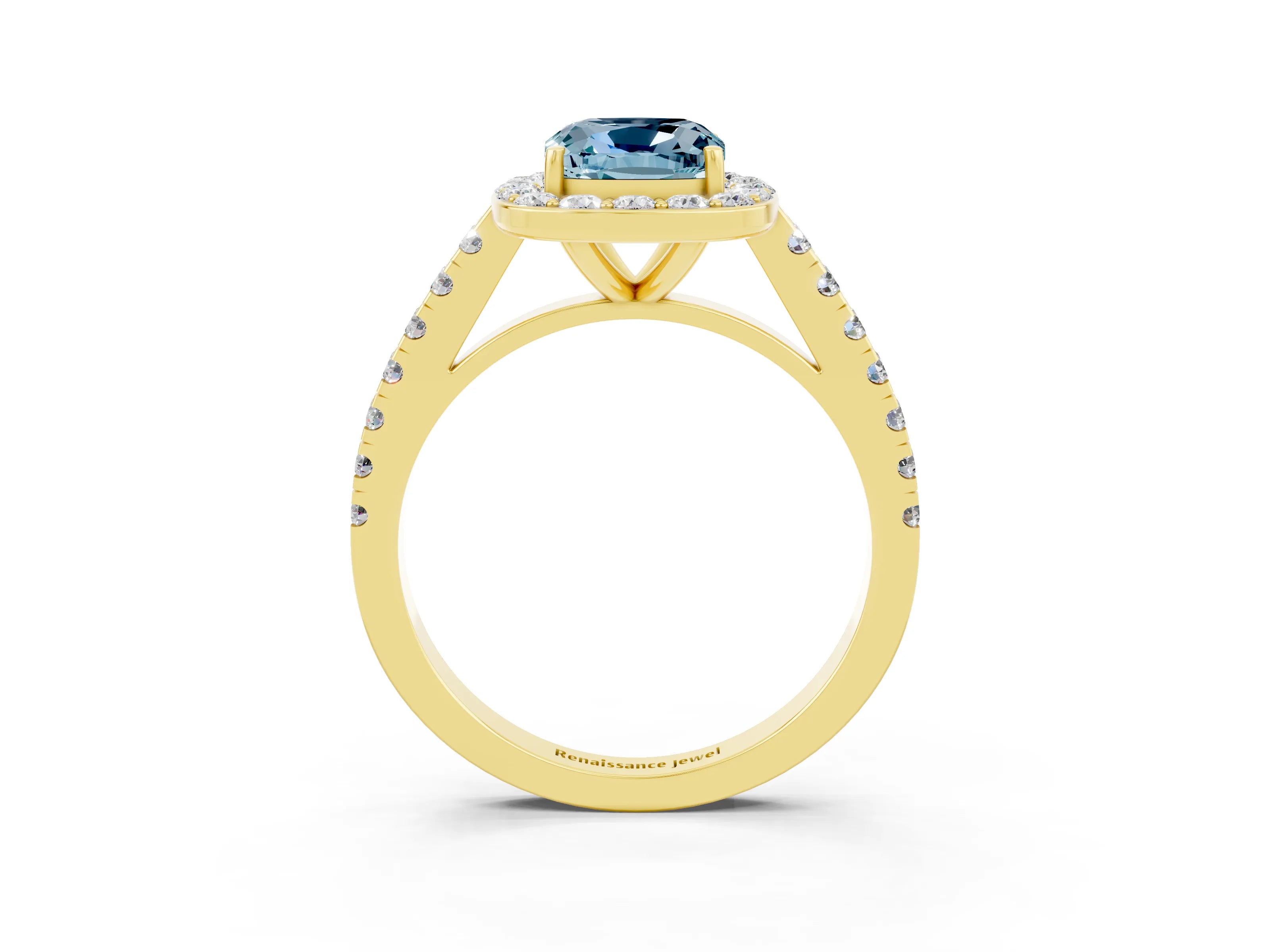 Yellow gold Cushion Cut Halo Diamond Ring with Pavé Band and Three-Prong Setting_3