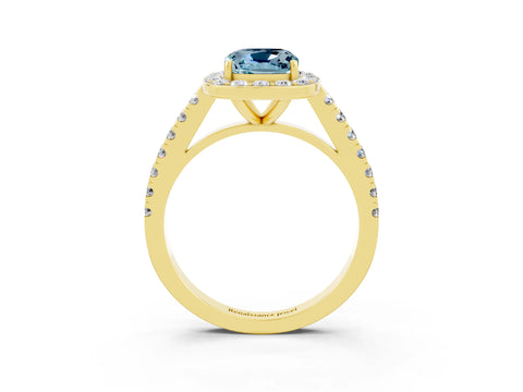 Yellow gold Cushion Cut Halo Diamond Ring with Pavé Band and Three-Prong Setting_3