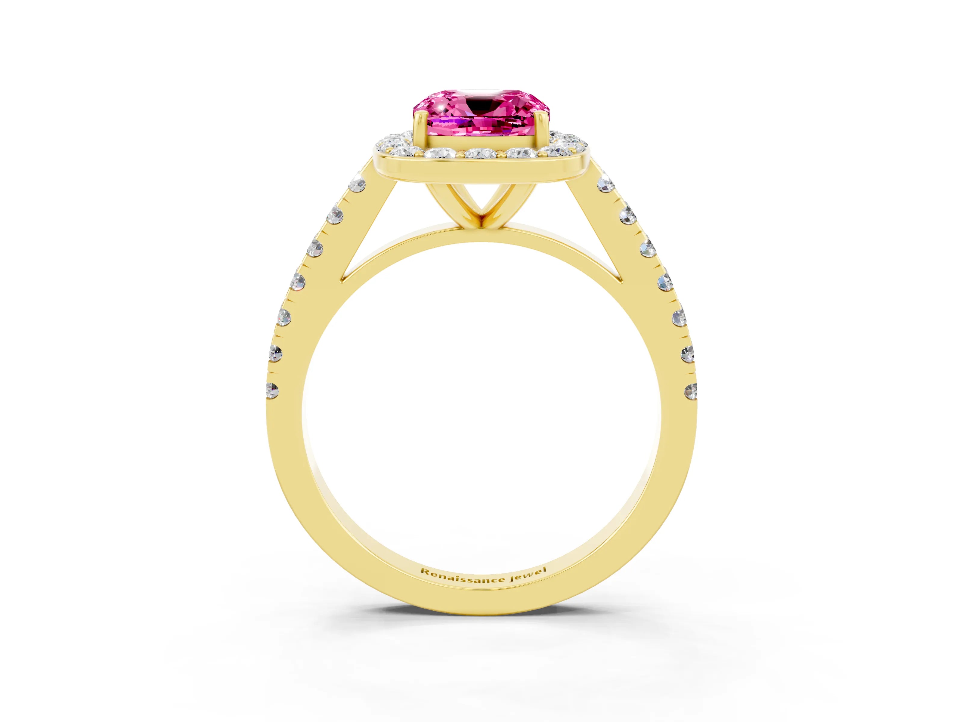 Yellow gold Cushion Cut Halo Diamond Ring with Pavé Band and Three-Prong Setting_3