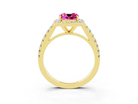 Yellow gold Cushion Cut Halo Diamond Ring with Pavé Band and Three-Prong Setting_3