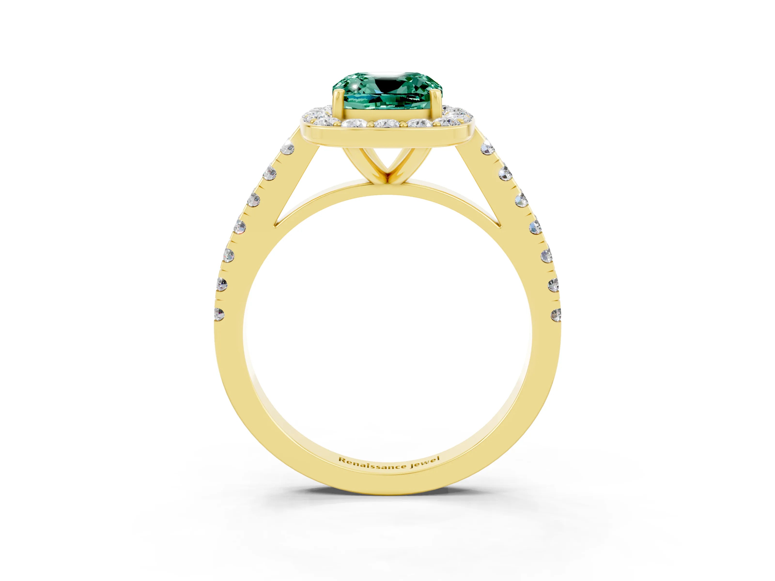Yellow gold Cushion Cut Halo Diamond Ring with Pavé Band and Three-Prong Setting_3