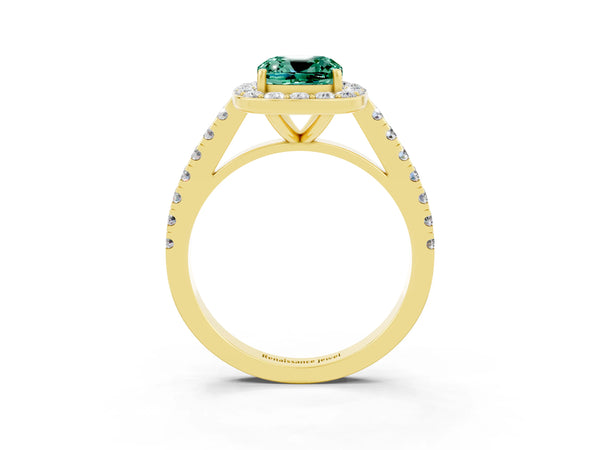 Yellow gold Cushion Cut Green Sapphire Halo Ring with Round Pavé Split Shank and Prong Setting