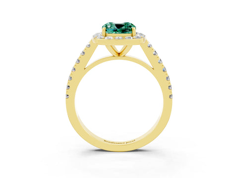 Yellow gold Cushion Cut Halo Diamond Ring with Pavé Band and Three-Prong Setting_3