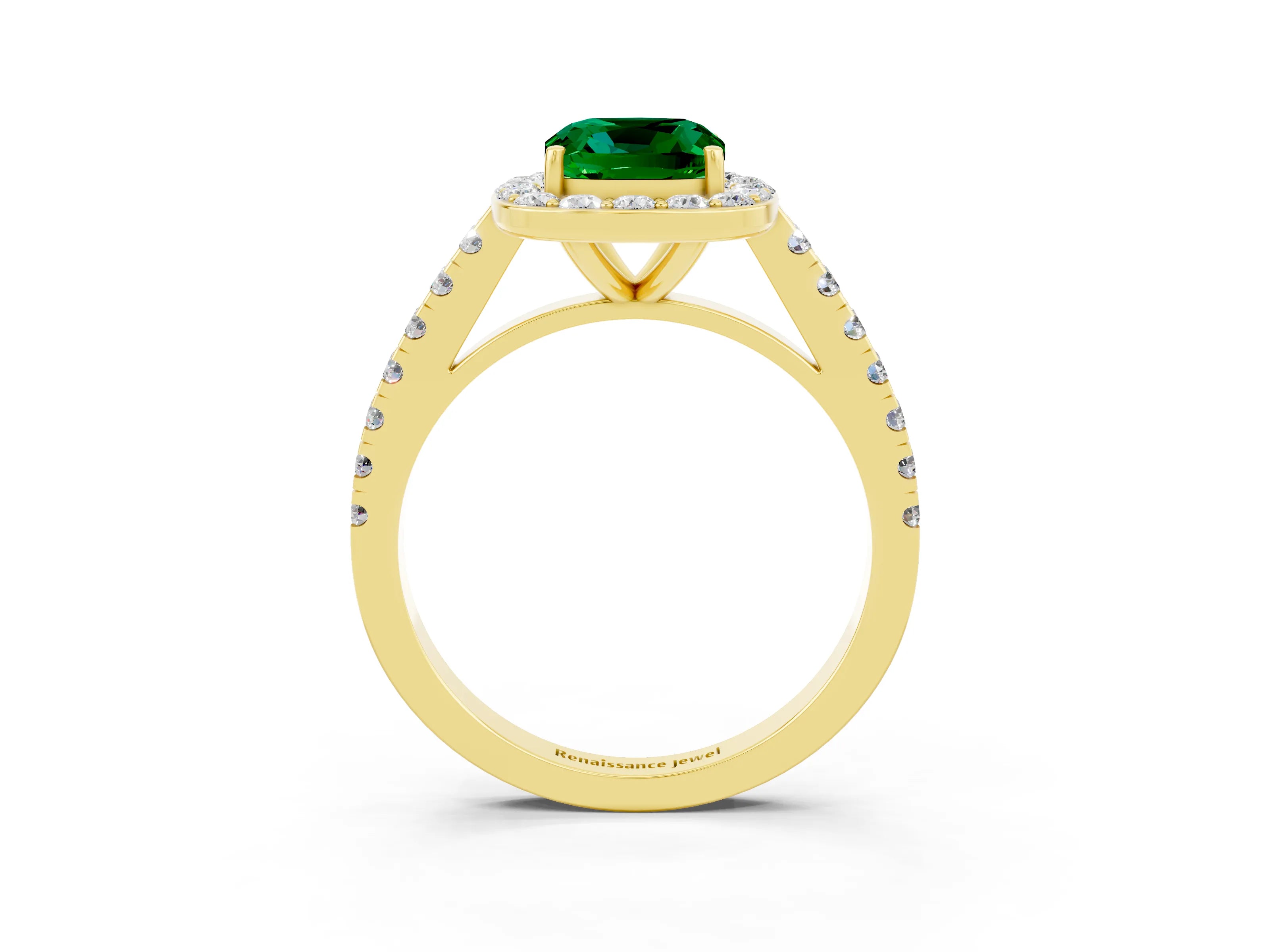 Yellow gold Cushion Cut Halo Diamond Ring with Pavé Band and Three-Prong Setting_3