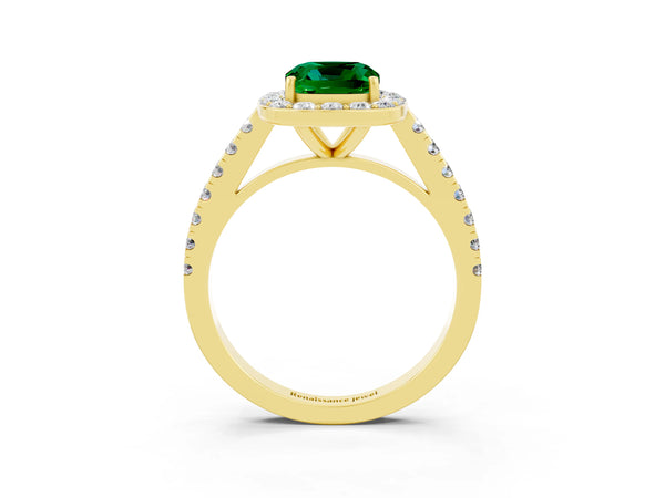 Yellow gold Cushion Cut Emerald Halo Ring with Round Pavé Split Shank and Prong Setting