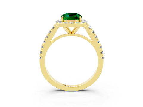 Yellow gold Cushion Cut Halo Diamond Ring with Pavé Band and Three-Prong Setting_3