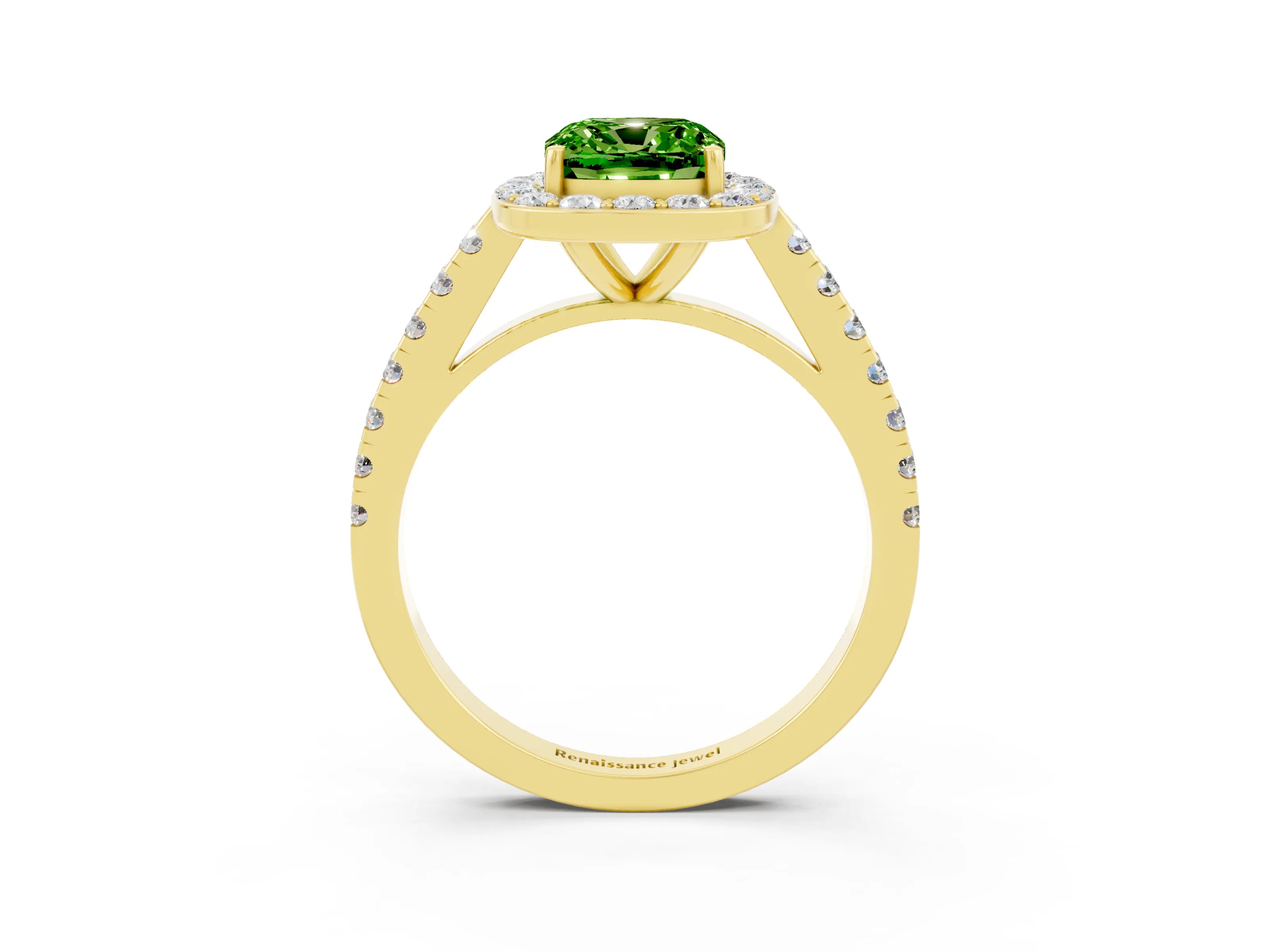 Yellow gold Cushion Cut Halo Diamond Ring with Pavé Band and Three-Prong Setting_3