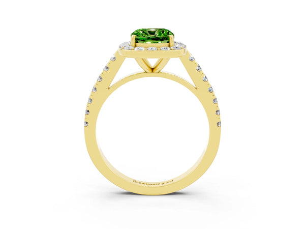 Yellow gold Cushion Cut Halo Diamond Ring with Pavé Band and Three-Prong Setting