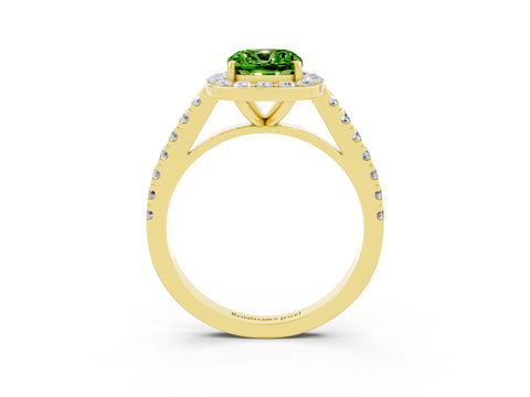 Yellow gold Cushion Cut Halo Diamond Ring with Pavé Band and Three-Prong Setting_3