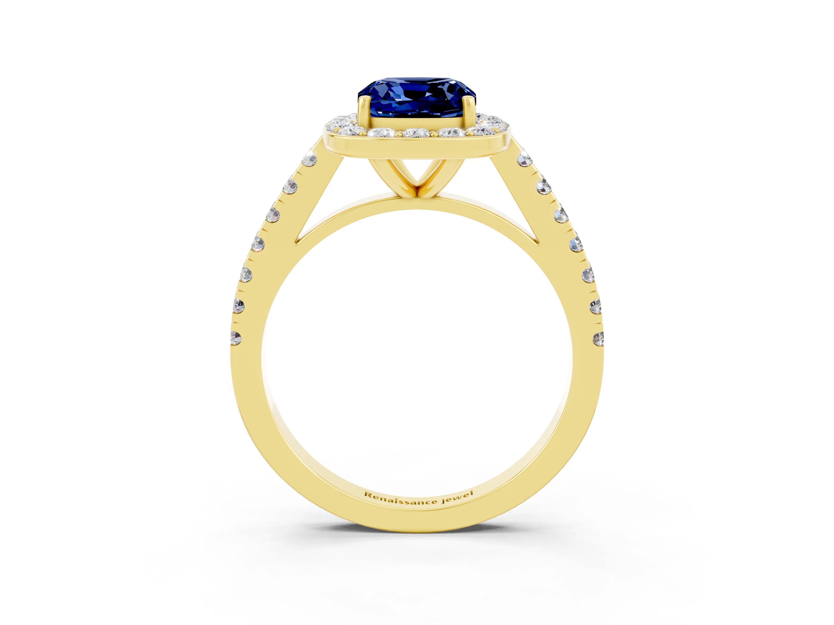 Yellow gold Cushion Cut Halo Diamond Ring with Pavé Band and Three-Prong Setting_3