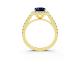Yellow gold Cushion Cut Halo Diamond Ring with Pavé Band and Three-Prong Setting_3