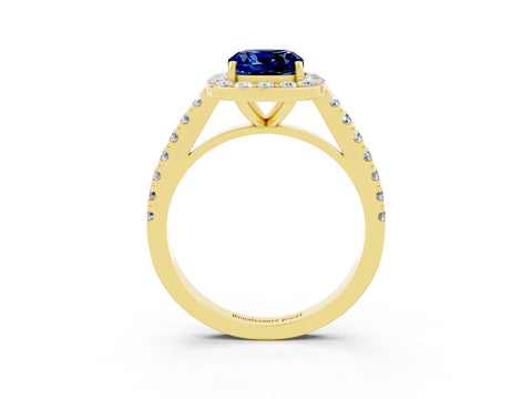 Yellow gold Cushion Cut Halo Diamond Ring with Pavé Band and Three-Prong Setting_3
