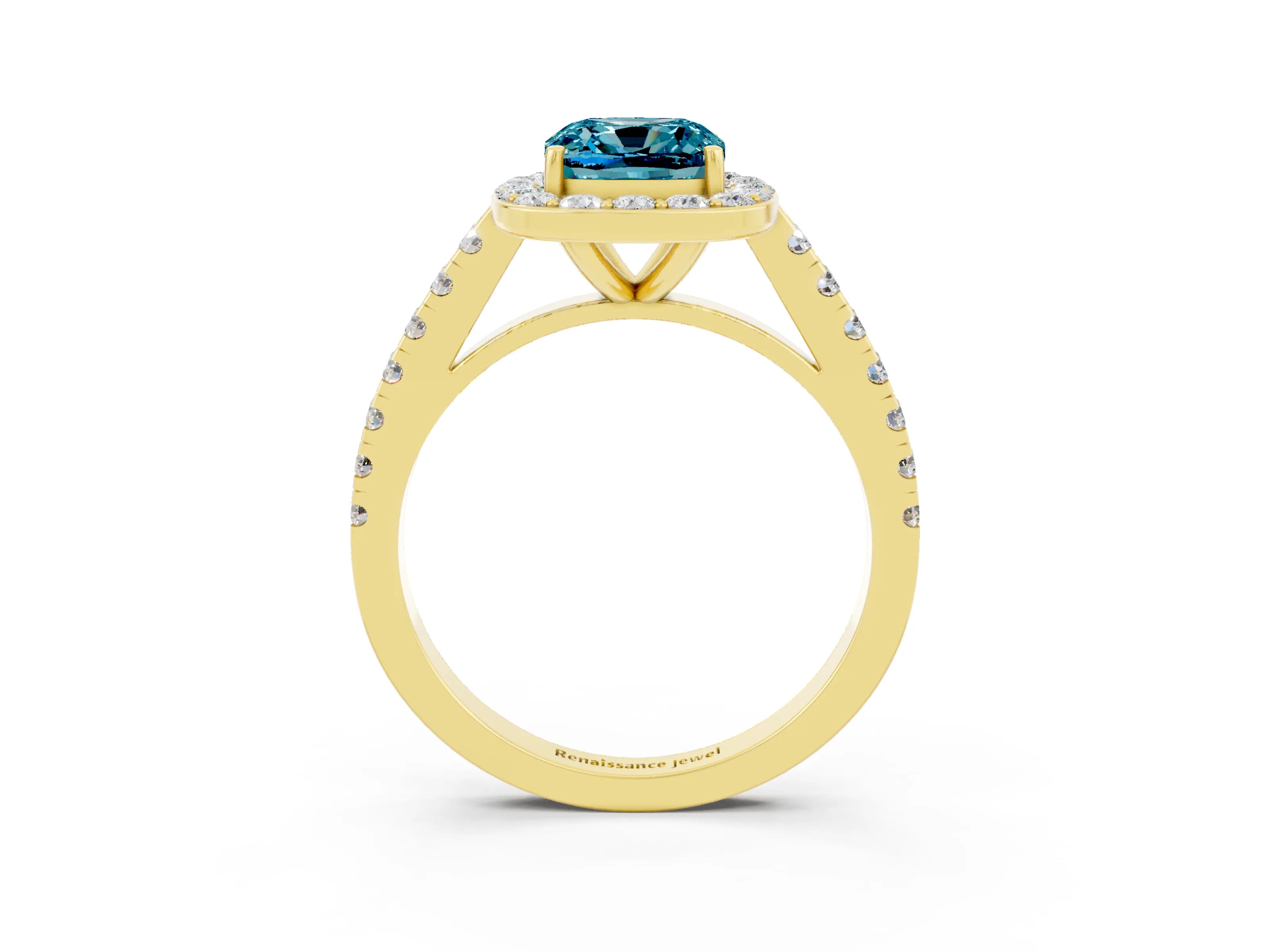 Yellow gold Cushion Cut Halo Diamond Ring with Pavé Band and Three-Prong Setting_3