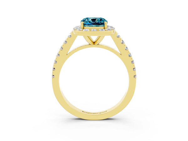 Yellow gold Cushion Cut Halo Diamond Ring with Pavé Band and Three-Prong Setting