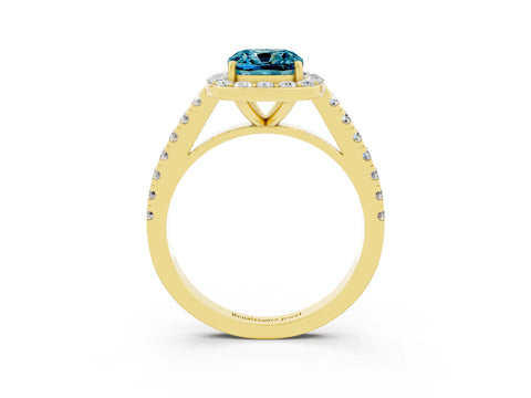 Yellow gold Cushion Cut Halo Diamond Ring with Pavé Band and Three-Prong Setting_3