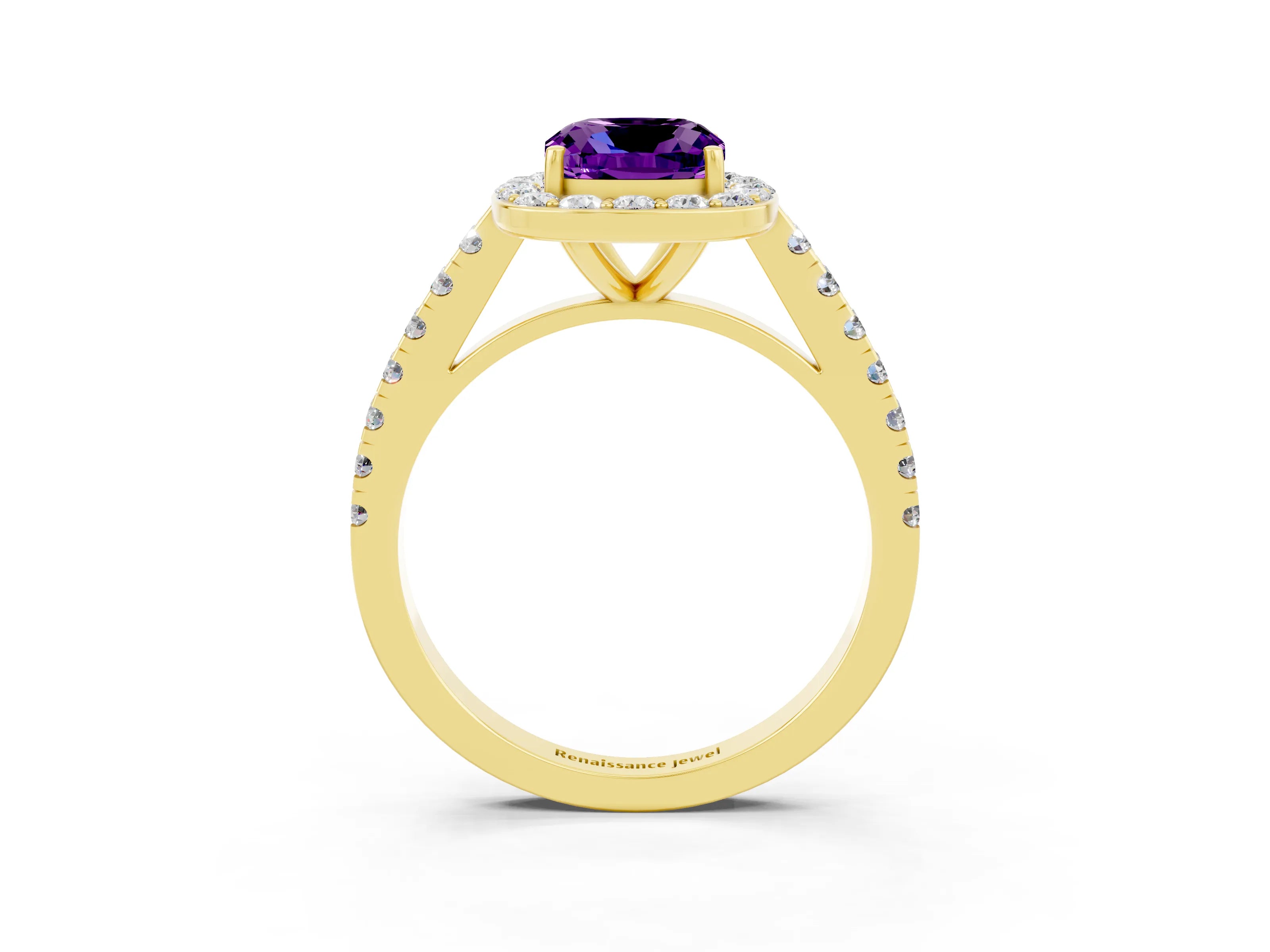 Yellow gold Cushion Cut Halo Diamond Ring with Pavé Band and Three-Prong Setting_3
