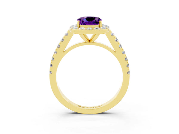 Yellow gold Cushion Cut Amethyst Halo Ring with Round Pavé Split Shank and Prong Setting