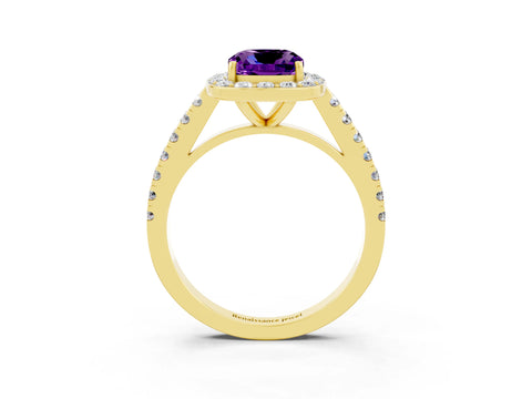 Yellow gold Cushion Cut Halo Diamond Ring with Pavé Band and Three-Prong Setting_3