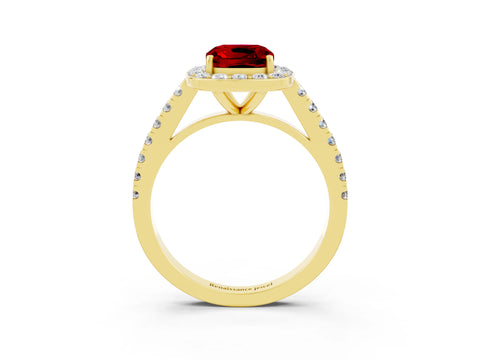 Yellow gold Cushion Cut Halo Diamond Ring with Pavé Band and Three-Prong Setting_3