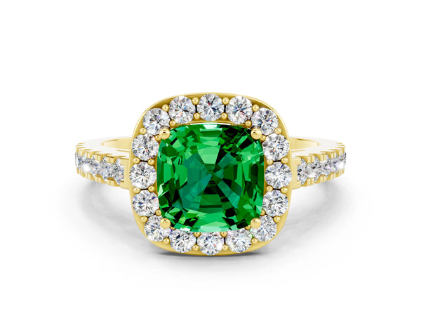 Yellow gold Cushion Cut Emerald Halo Ring with Round Pavé Split Shank and Prong Setting