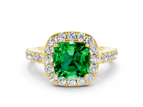 Yellow gold Cushion Cut Halo Diamond Ring with Pavé Band and Three-Prong Setting