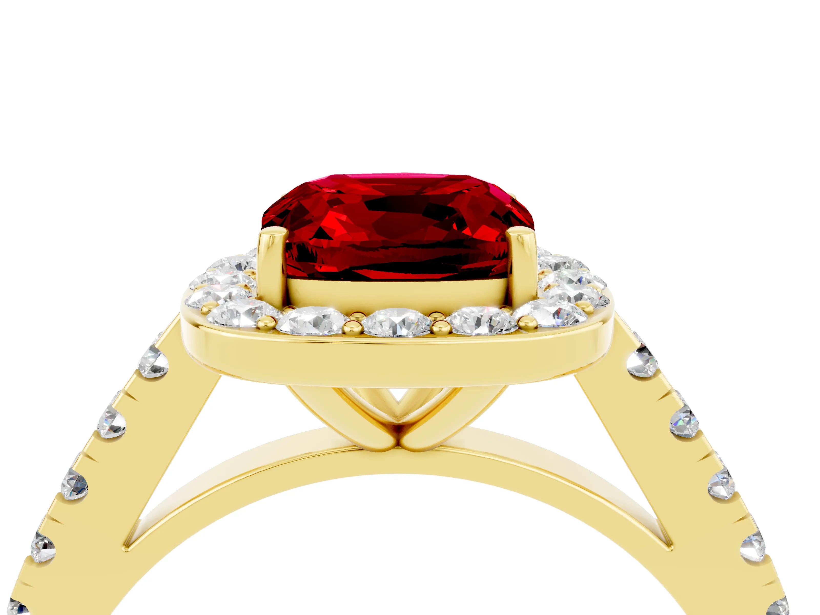 Yellow gold Cushion Cut Halo Diamond Ring with Pavé Band and Three-Prong Setting_4