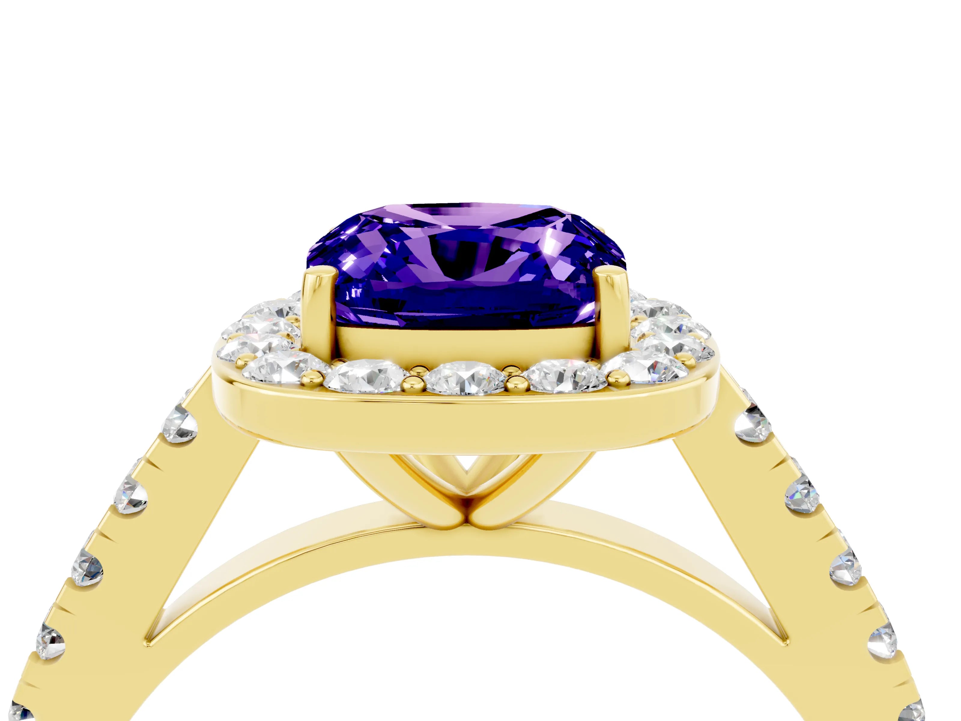Yellow gold Cushion Cut Halo Diamond Ring with Pavé Band and Three-Prong Setting_4