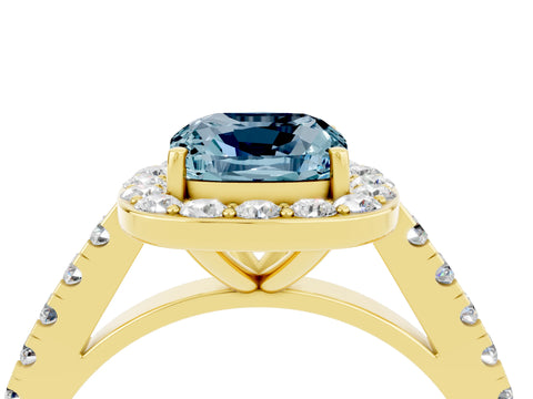Yellow gold Cushion Cut Halo Diamond Ring with Pavé Band and Three-Prong Setting_4