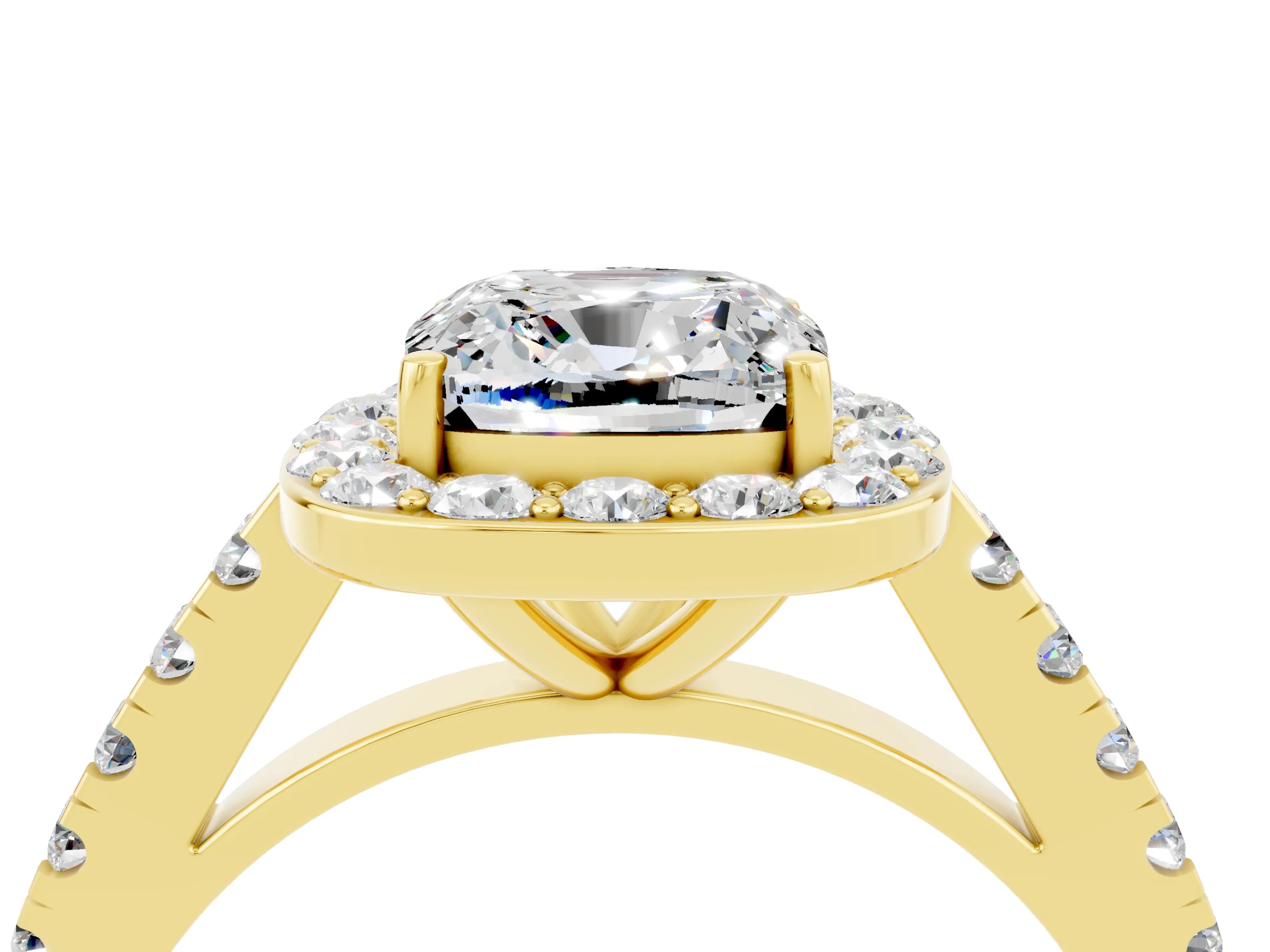 Yellow gold Cushion Cut Halo Diamond Ring with Pavé Band and Three-Prong Setting_4