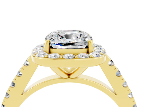 Yellow gold Cushion Cut Halo Diamond Ring with Pavé Band and Three-Prong Setting_4