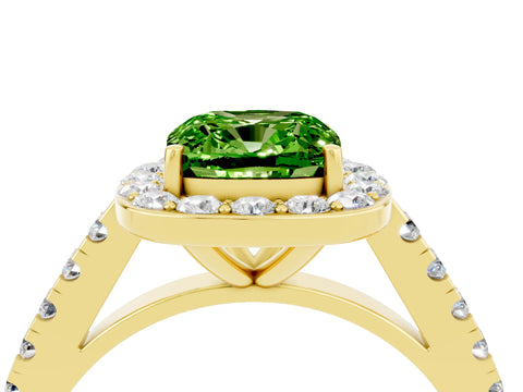 Yellow gold Cushion Cut Halo Diamond Ring with Pavé Band and Three-Prong Setting_4