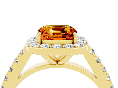 Yellow gold Cushion Cut Halo Diamond Ring with Pavé Band and Three-Prong Setting_4