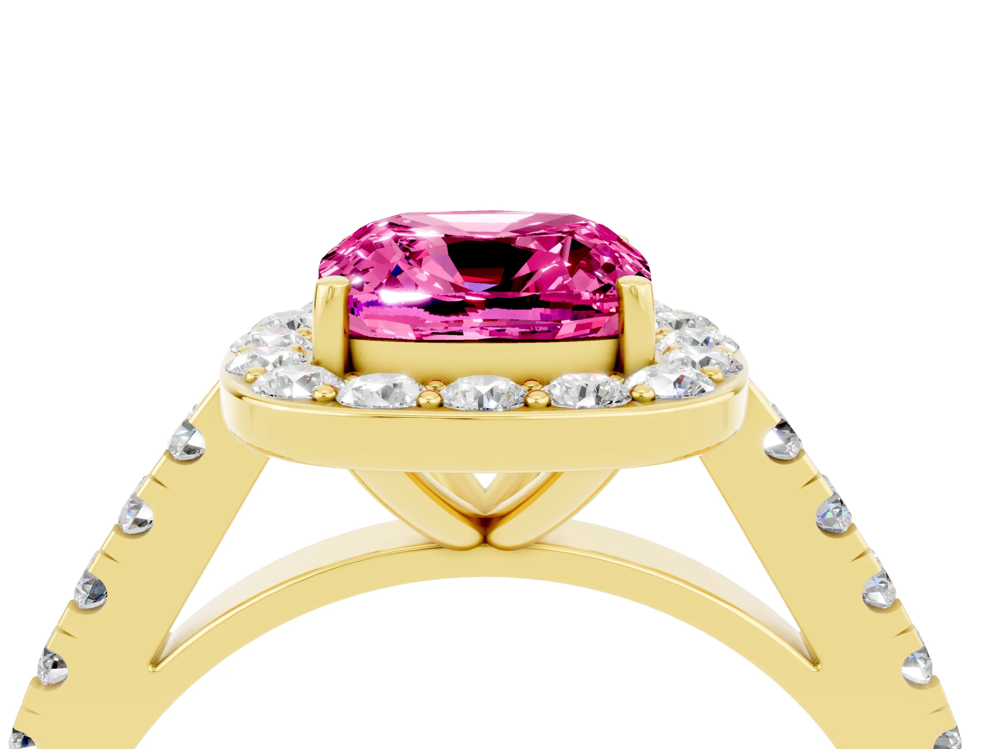 Yellow gold Cushion Cut Halo Diamond Ring with Pavé Band and Three-Prong Setting_4