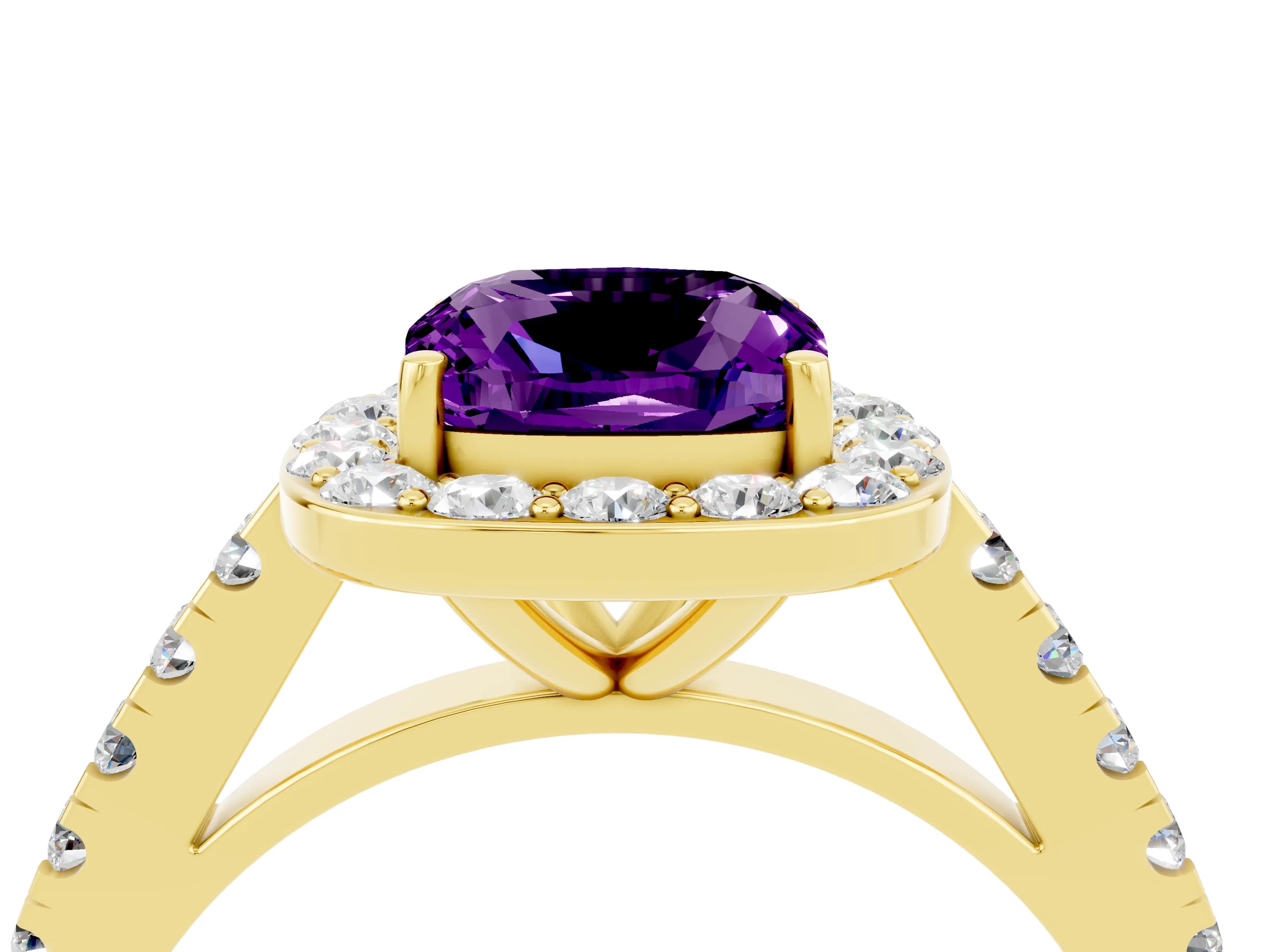Yellow gold Cushion Cut Halo Diamond Ring with Pavé Band and Three-Prong Setting_4