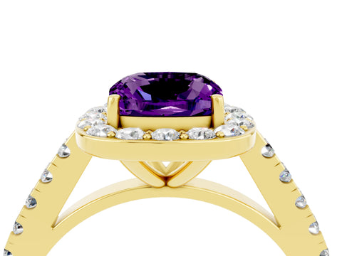 Yellow gold Cushion Cut Halo Diamond Ring with Pavé Band and Three-Prong Setting_4