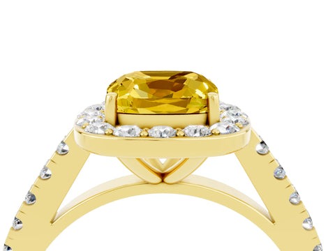 Yellow gold Cushion Cut Halo Diamond Ring with Pavé Band and Three-Prong Setting_4