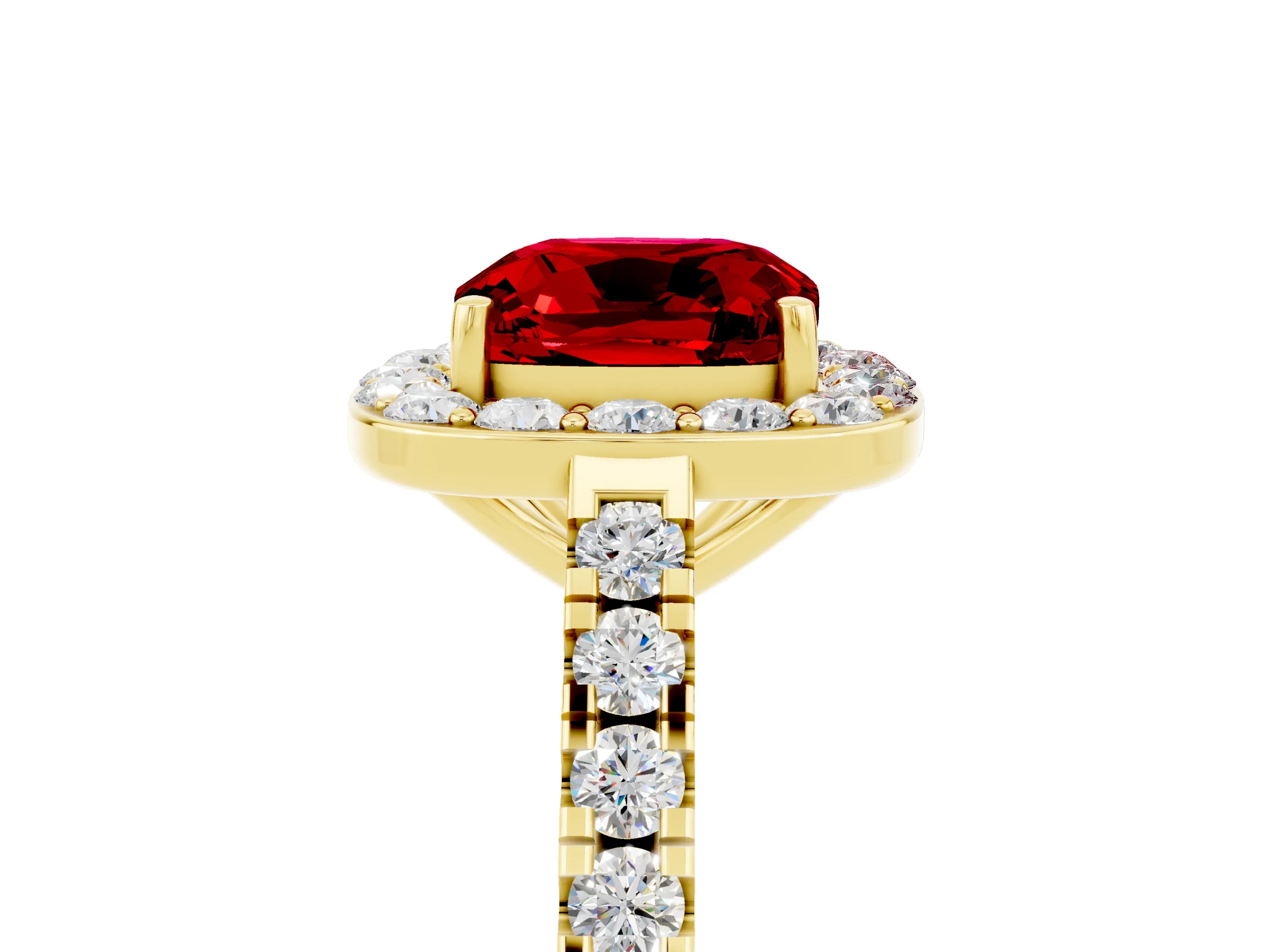 Yellow gold Cushion Cut Halo Diamond Ring with Pavé Band and Three-Prong Setting_5