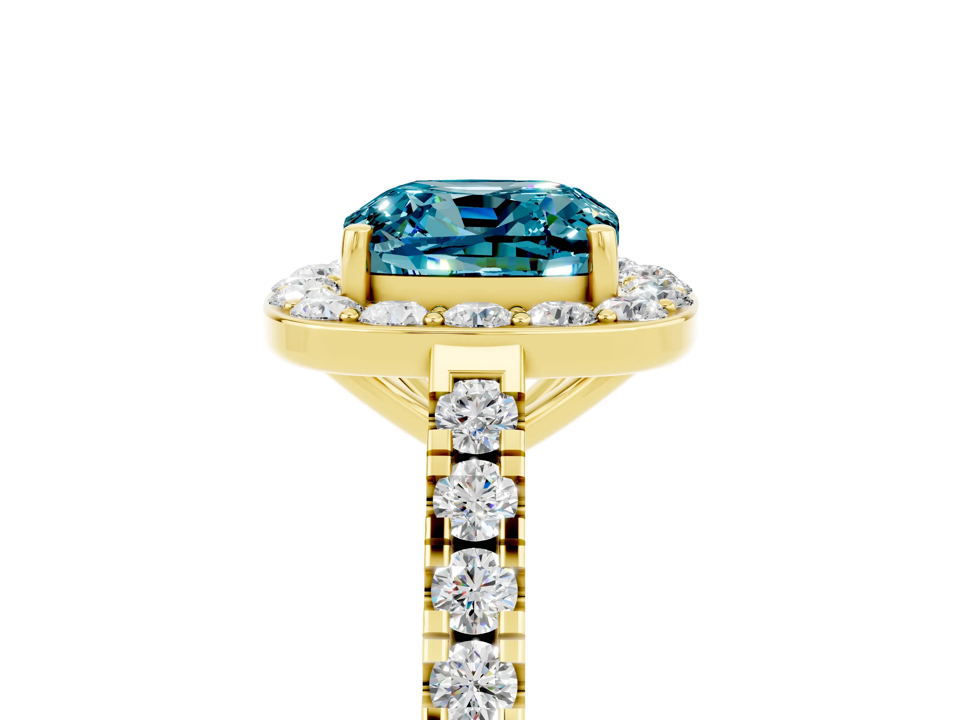 Yellow gold Cushion Cut Halo Diamond Ring with Pavé Band and Three-Prong Setting_5