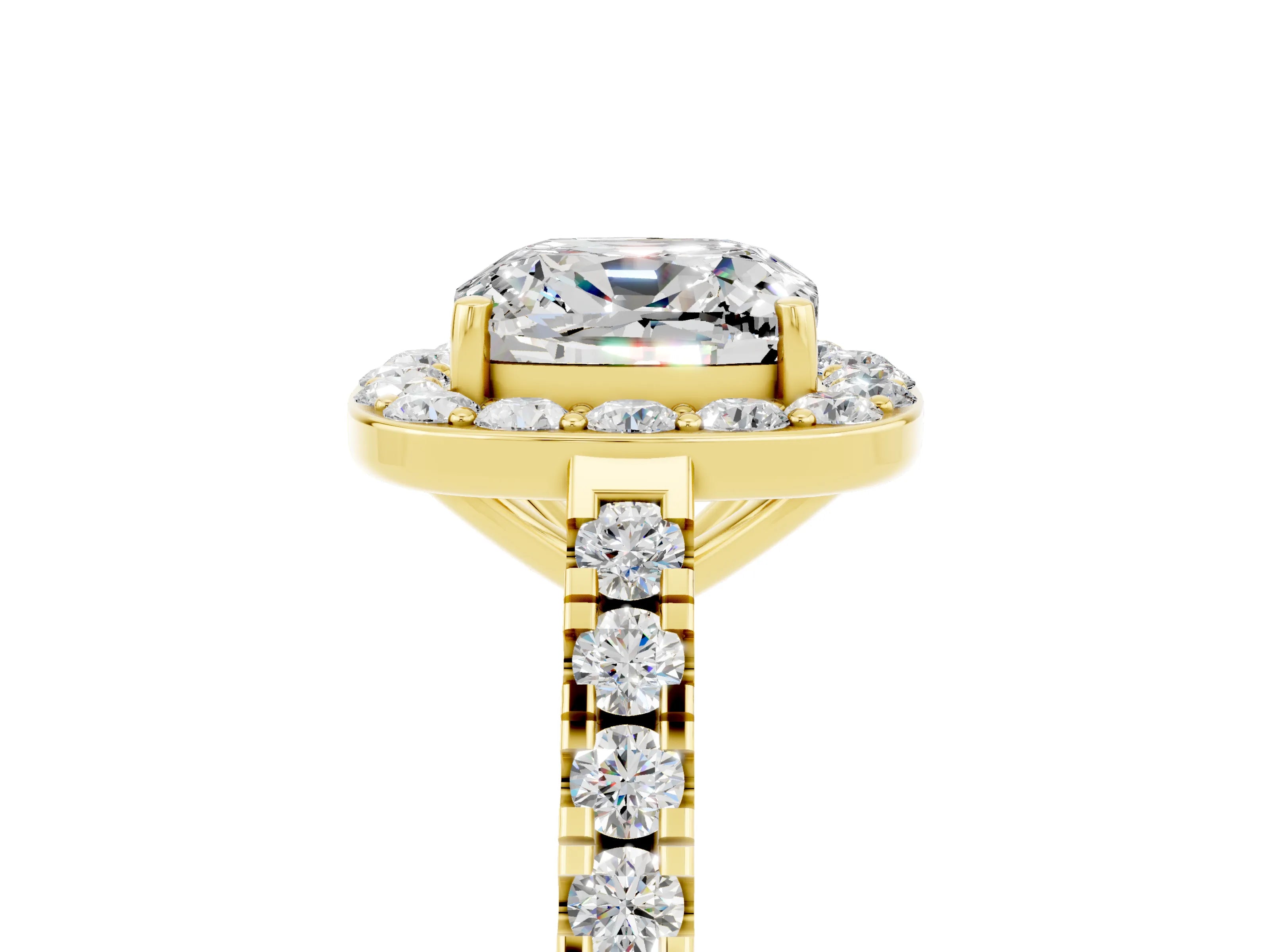 Yellow gold Cushion Cut Halo Diamond Ring with Pavé Band and Three-Prong Setting_5