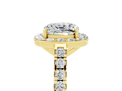 Yellow gold Cushion Cut Halo Diamond Ring with Pavé Band and Three-Prong Setting_5