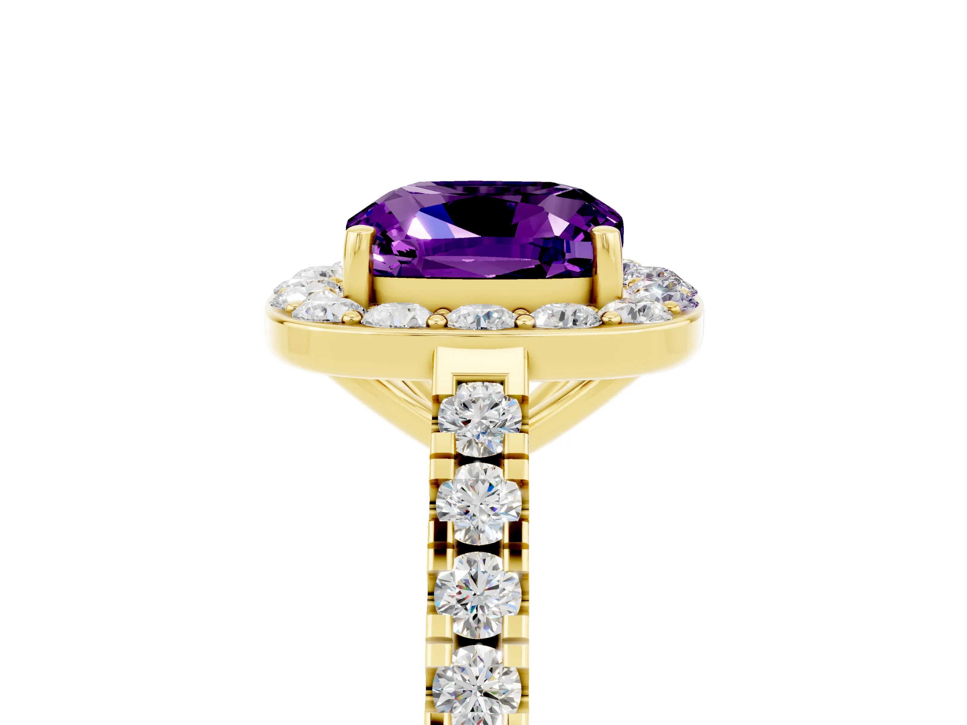 Yellow gold Cushion Cut Halo Diamond Ring with Pavé Band and Three-Prong Setting_5