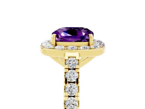 Yellow gold Cushion Cut Halo Diamond Ring with Pavé Band and Three-Prong Setting_5