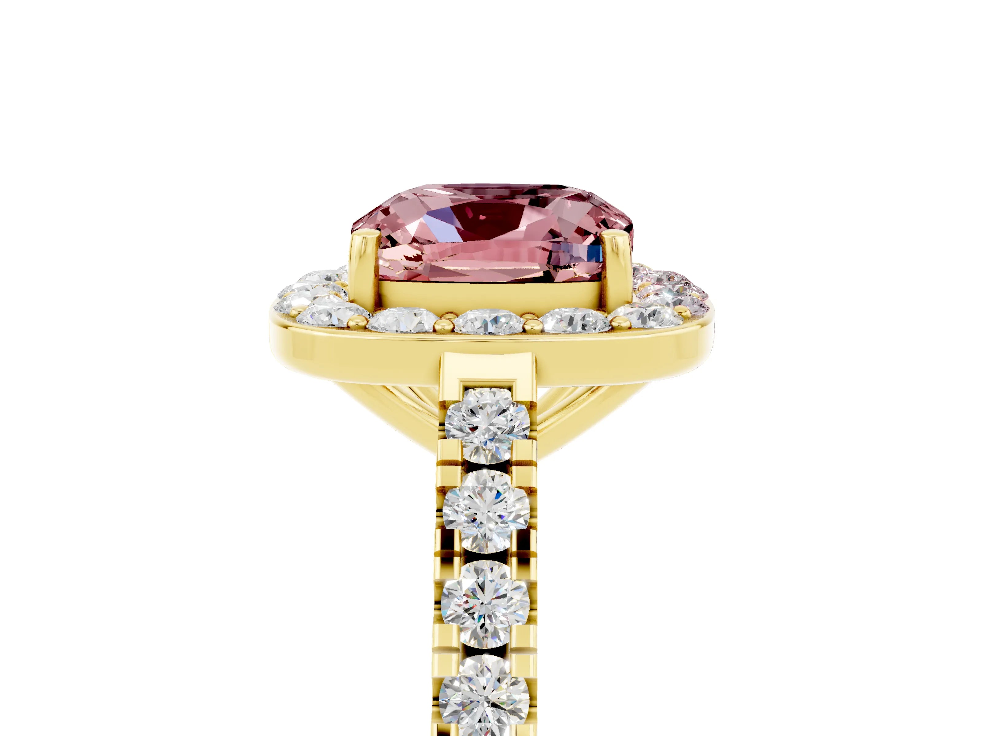 Yellow gold Cushion Cut Halo Diamond Ring with Pavé Band and Three-Prong Setting_5