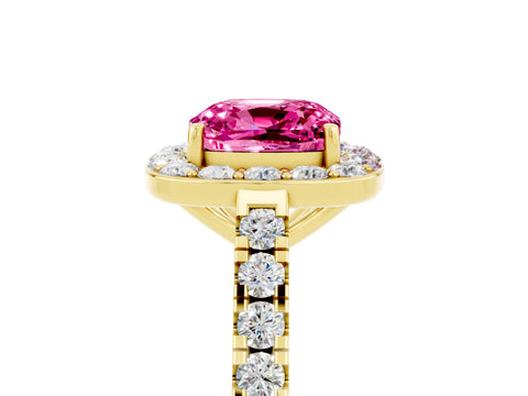 Yellow gold Cushion Cut Halo Diamond Ring with Pavé Band and Three-Prong Setting_5
